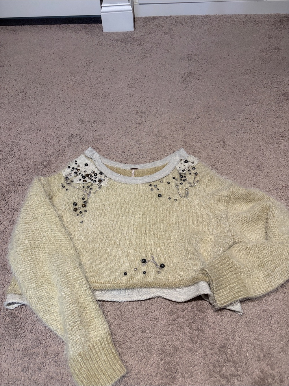 Free People Pale Yellow Embellished Crewneck Sweater